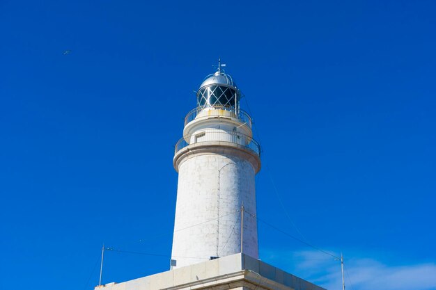 latarnia morska nad Morzem Śródziemnym, błękitne niebo bez chmur ze spokojną wodą. służy do ostrzegania statków o obecności skał