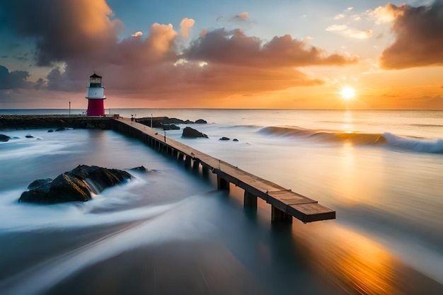latarnia morska siedzi na nabrzeżu z zachodzącym za nią słońcem
