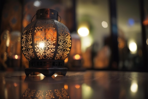 latarnia na drewnianym stole Arabska grafika islamska z bokeh tłem i miejsca na kopię