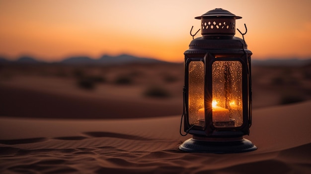 Latarnia na pustyni o zachodzie słońca