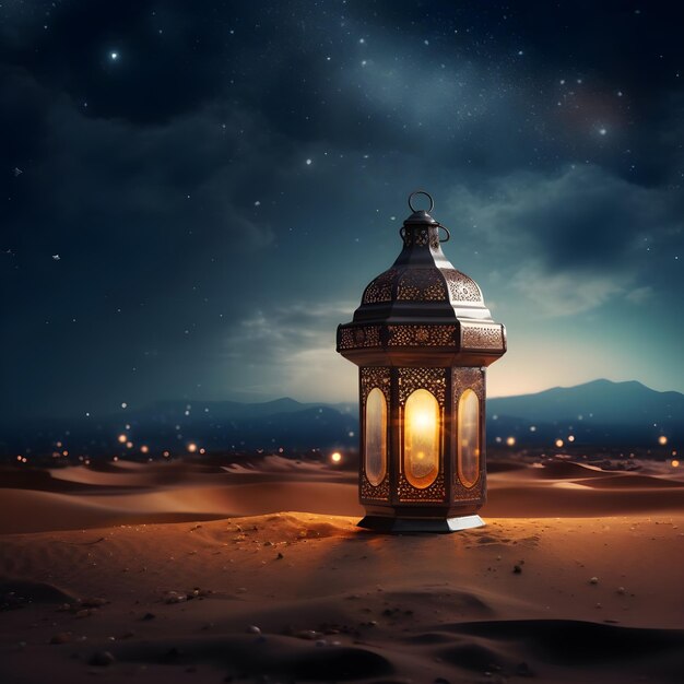Zdjęcie latarnia na pustyni w nocy arabska noc bajka