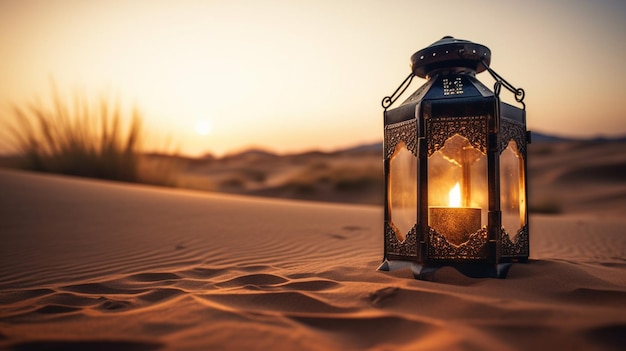 Latarnia na pustyni z zachodzącym za nią słońcem
