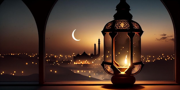 Latarnia Ramadan Kareem z księżycem w tle