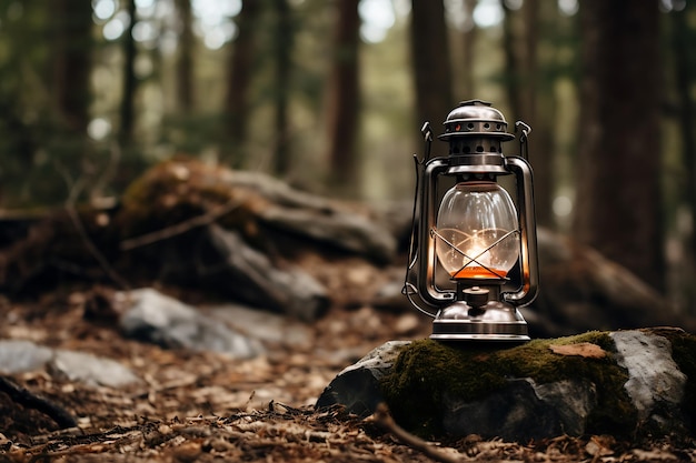 Zdjęcie latarnia siedzi na drewnianym stole w lesie.
