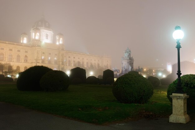 Latarnia uliczna w Dzielnicy Muzeów w Wiedniu, Austria. We mgle i wieczorem