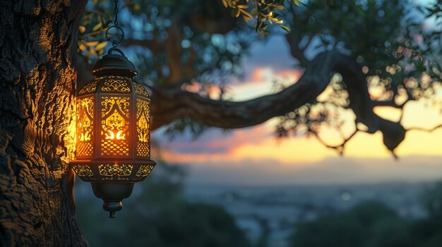 latarnia wisząca na drzewie z zachodem słońca na tle