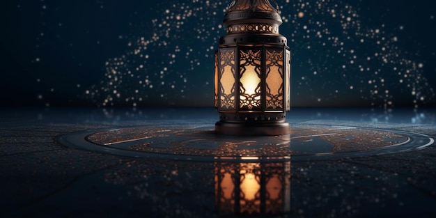 Latarnia z nocnym światłem na tle dla muzułmańskiego święta świętego miesiąca Ramadanu Kareem