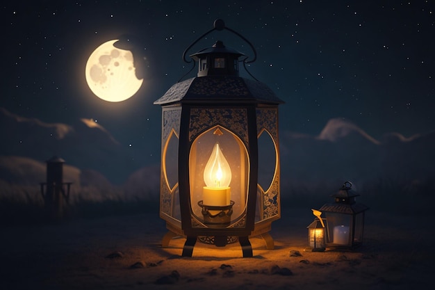 Latarnia z płonącą świeczką i nocne niebo z malejącym księżycem na tle