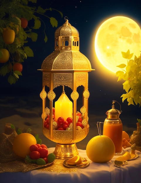 Latarnia ze szklanym słoikiem wiśni obok słoika wiśni Ramadan i Eid al fitr koncepcja