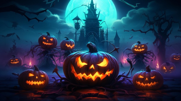 Latarnie Jack O' świecące w fantastyczną noc w futurystycznym tle Halloween