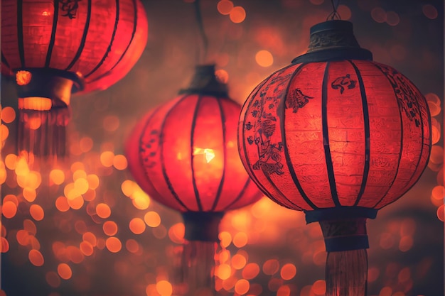 Latarnie świętujące chiński Nowy Rok są oświetlone na czerwonym tle bokeh