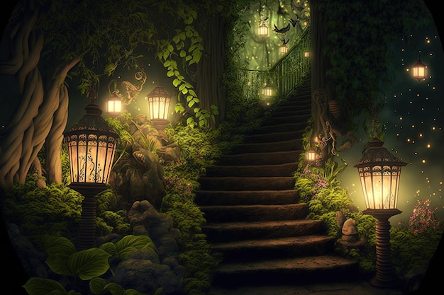 Latarnie w fantazyjnym ogrodzie oświetlają schodową modyfikację zdjęć