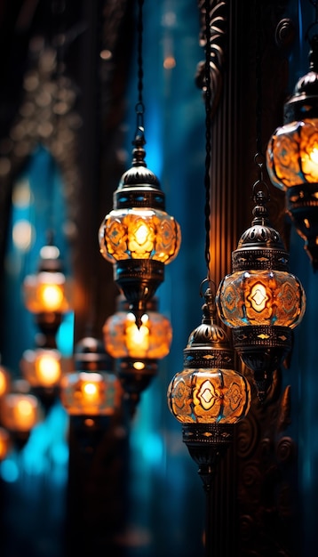 Latarnie ze świecami świecącymi w ciemnej perspektywie widok święta Ramadanu