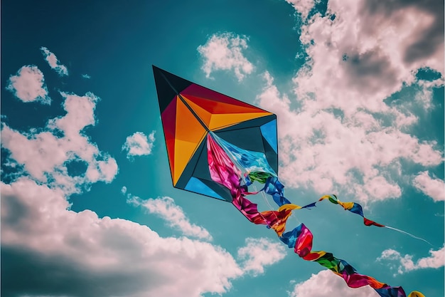 Latawiec Papuga lecąca na niebieskim niebie między chmurami w koncepcji Międzynarodowego Festiwalu Latawców