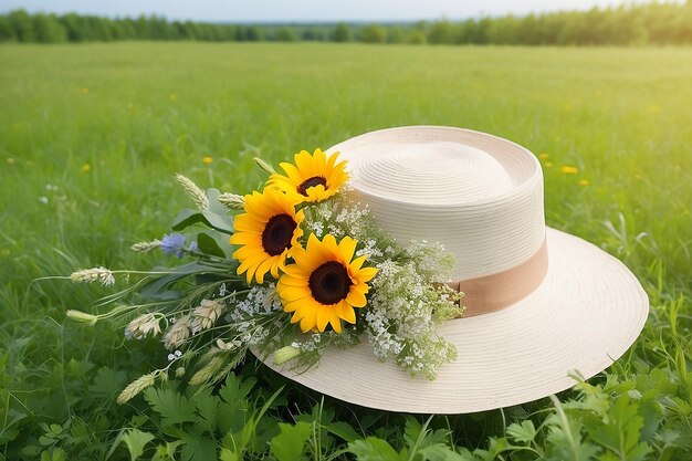 Latem kapelusz i bukiet kwiatów leżą na zielonej trawie łąki