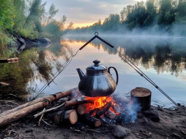 Latem namiot nad rzeką z kominkiem i melonikiem