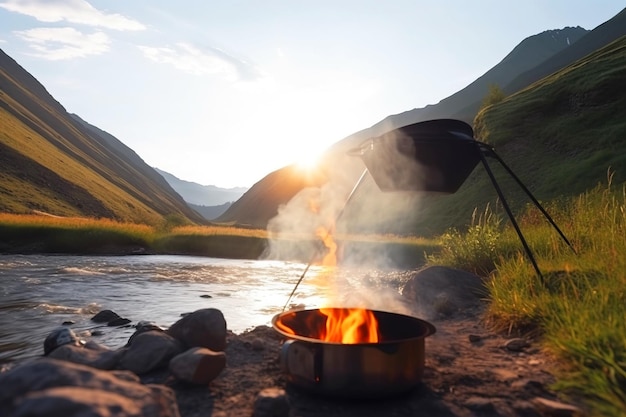 Latem namiot nad rzeką z ogniskiem i garnkiem, z którego wydobywa się para z jedzenia generowanego przez AI