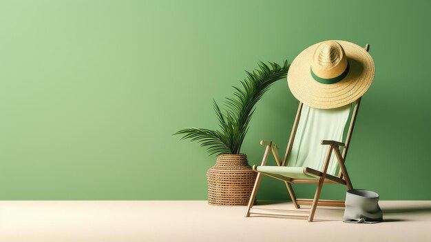 Latni zielony kolor tła z pustym krzesłem, kapeluszem, plażą i przestrzenią