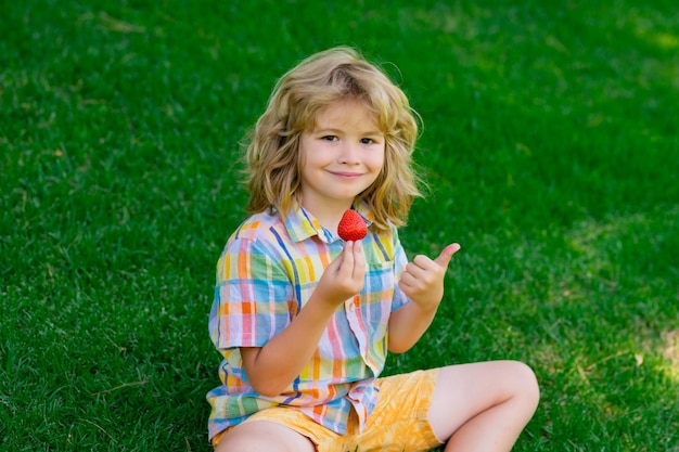 Lato ładny dzieciak twarz truskawki dla dzieci dziecko je truskawki na tle zielonej trawy latem