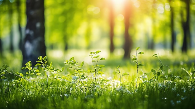 Lato Piękna wiosna, doskonałe tło naturalnego krajobrazu Nieostre zielone drzewa w lesie z dziką trawą i promieniami słońca