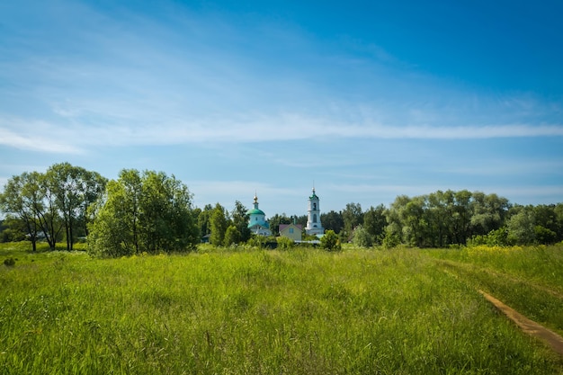 Lato Zielone Pole Trawy I Stary Biały Kościół, Wiejski Krajobraz.