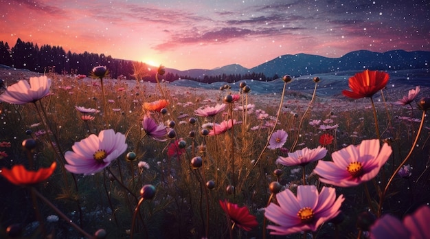Latowe dzikie kwiaty na polu przy zachodzie słońca