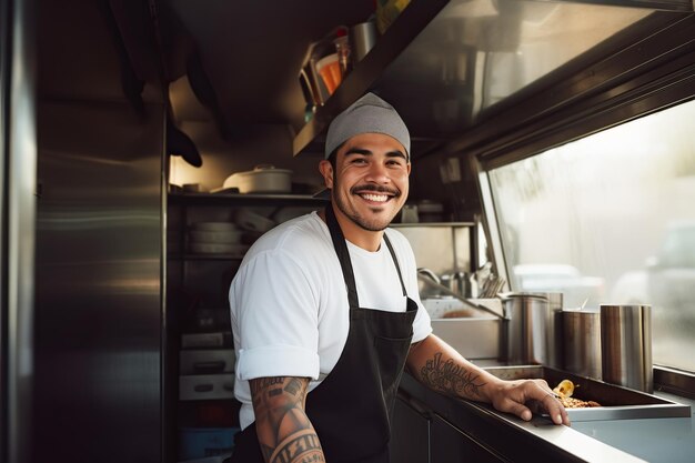 Latynoamerykański szef kuchni przygotowujący jedzenie na wynos w kuchni ciężarówki