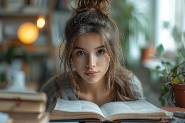 Zdjęcie latynoska, 22-letnia, brązowa, czytająca grubą książkę z mnóstwem tekstu na biurku.