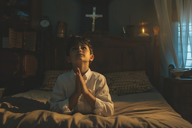 Zdjęcie latynoski chłopiec modli się do boga w ciemnym pokoju dziecięcym efekt filmowy