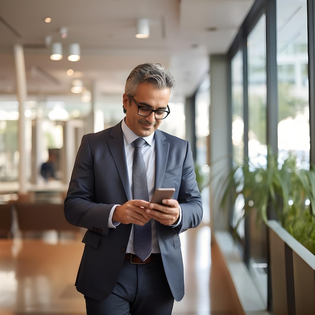 Latynoski dyrektor w średnim wieku uśmiecha się i patrzy na telefon w biurze