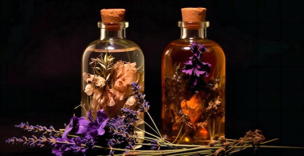 Lawenda i kwiaty ułożone obok siebie w butelce