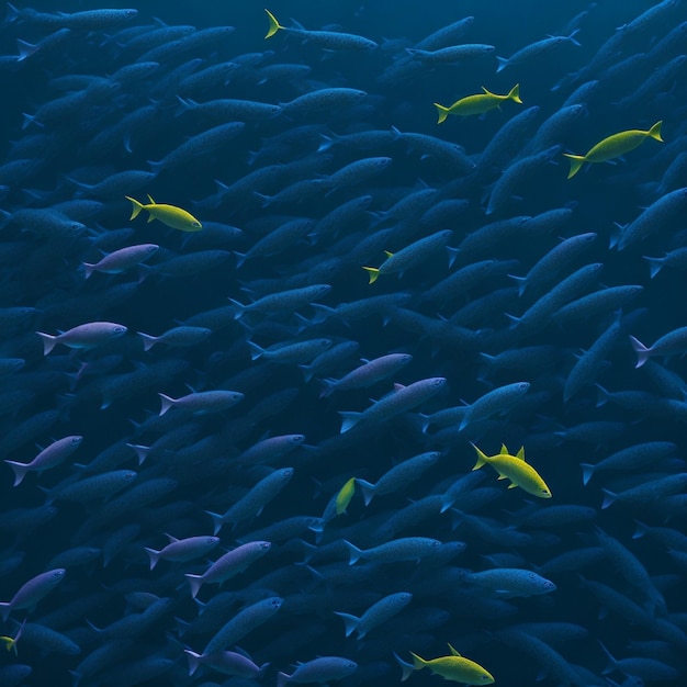 Ławica ryb jest otoczona niebieskim tłem.