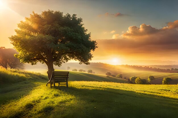 ławka na polu z zachodzącym za nią słońcem