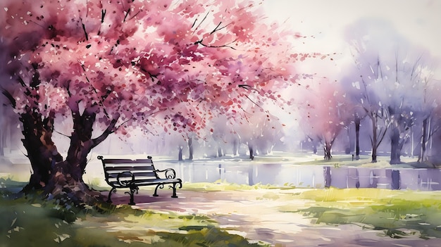 ławka pod drzewem parku jeziorze objętych płatki różowy przeciwmgielne tło jest reszta pokój księżniczka grande dwa
