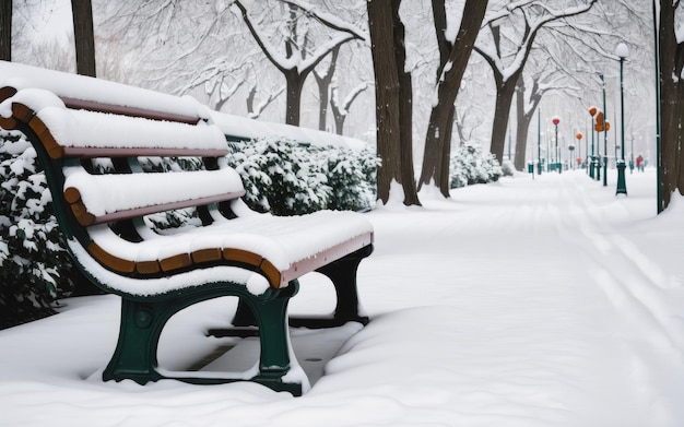 Zdjęcie Ławka pokryta śniegiem w parku miejskim podczas śniegu