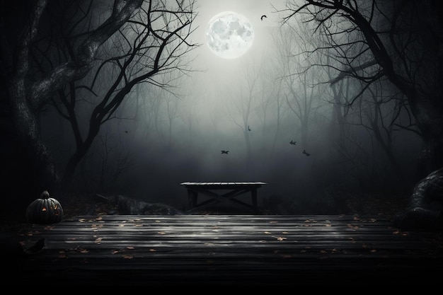Zdjęcie Ławka w ciemnym lesie z pełnym księżycem na tle