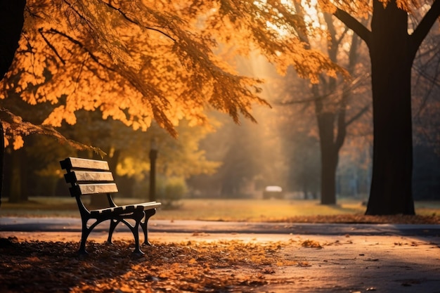 Ławka w jesiennym parku Jesienny krajobraz Ciepły, spokojny dzień Ilustracja wygenerowana przez AI