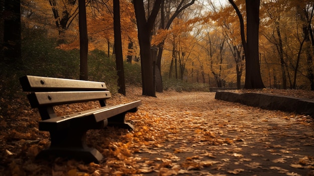 Ławka w parku z jesiennymi liśćmi na ziemi