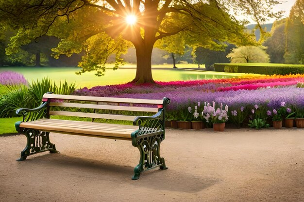 Zdjęcie Ławka w parku z kwiatami w tle