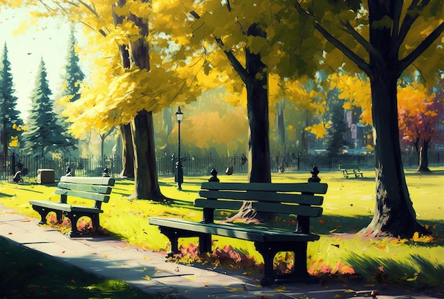 Ławki pod drzewami wspaniały park w jesiennych kolorach w słoneczny dzień