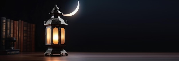 Laylat alQadr Eid alFitr święty miesiąc Ramadanu miesiąc księżycowy Arabska latarnia fanus blask i gwiazdy sprzedane książki magiczna atmosfera ciemne tło poziome baner miejsce dla tekstu