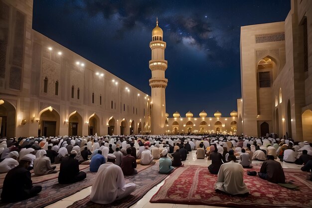 Laylat alQadr Gwiezdne niebo wypełnione spokojem Ludzie zaangażowani w głęboką modlitwę
