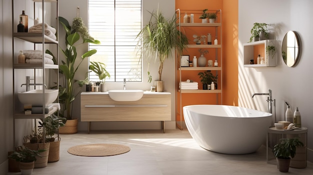 łazienka w mieszkaniu nowoczesny minimalistyczny biały ciepłe kolory rośliny