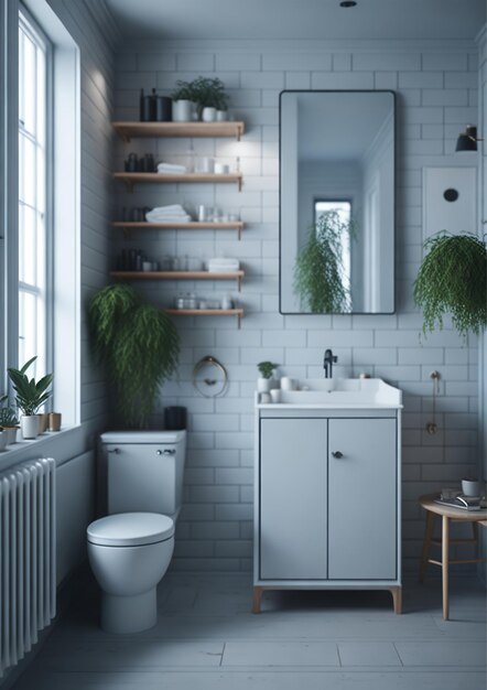 Łazienka z białą toaletą i białą umywalką z zieloną rośliną na półce.
