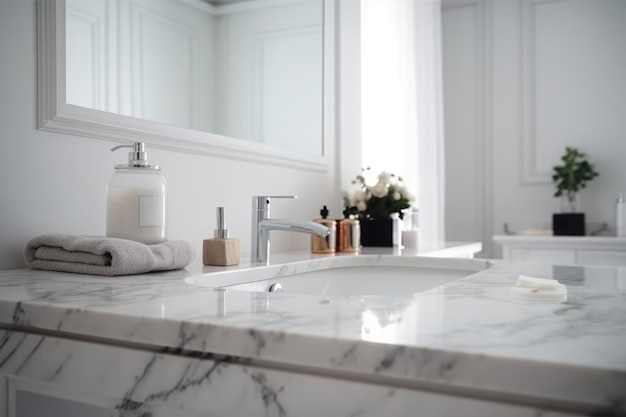 Łazienka z białą umywalką i białą umywalką z dozownikiem mydła Generative AI