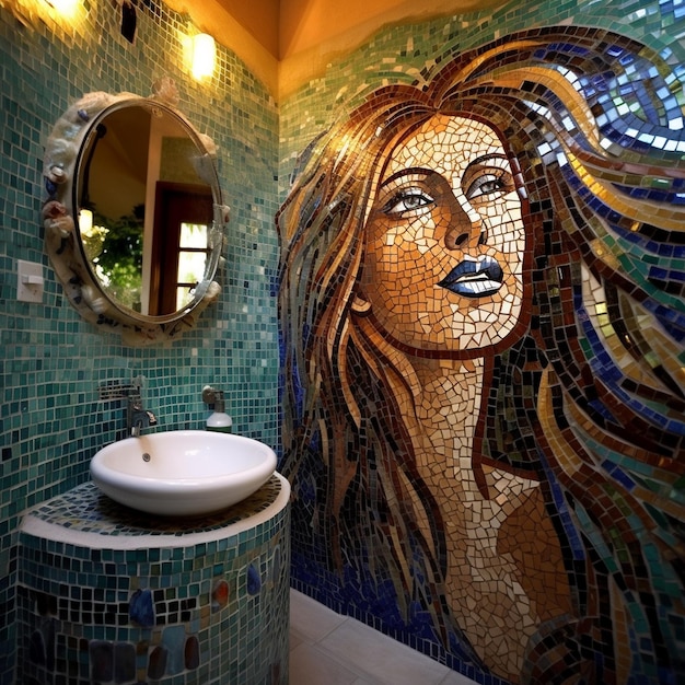 Łazienka z mozaiką na ścianie