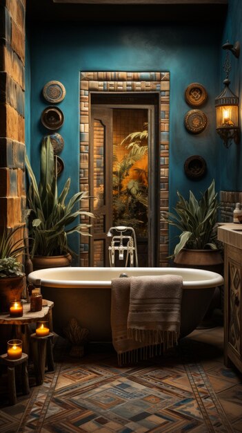 Łazienka z niebieskimi ścianami i roślinami
