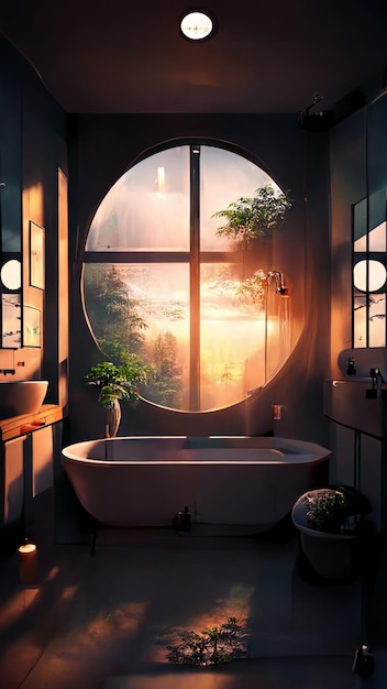 Łazienka z okrągłym oknem i dużym okrągłym oknem z rośliną.