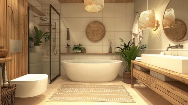 Łazienka z wpływem nordyckim z drewnianą samodzielną kąpielą z białym oświetleniem ceramicznym
