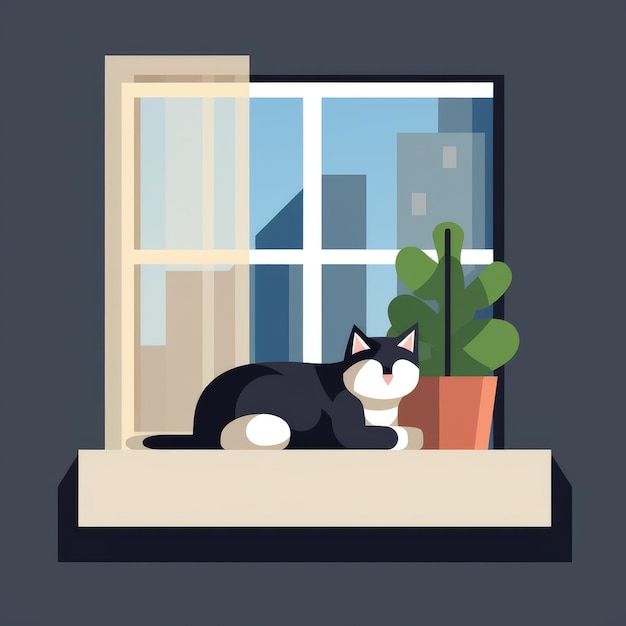 Lazily Pixelated Minimalistyczna ikona grupy Slack z kotem leżącym przy oknie mieszkania